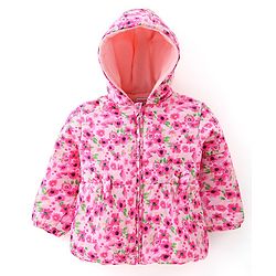 Babyhug 100% Cotton Full Sleeves Hooded Quilted  Jacket With Floral Print - Pink