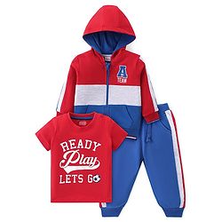 Babyhug Cotton Knit Full Sleeves Hooded Jacket with T-Shirt & Lounge Pant - Blue & Red