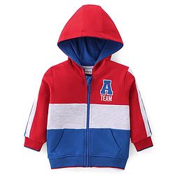Babyhug Cotton Knit Full Sleeves Hooded Jacket with T-Shirt & Lounge Pant - Blue & Red