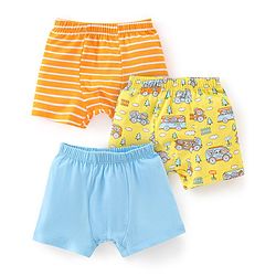Babyhug 100% Cotton Trunk Striped & Car Print Pack Of 3 - Orange Yellow & Blue