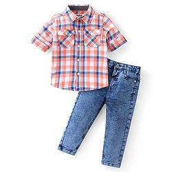 Babyhug Full Sleeves Checkered Shirt & Jeans - Multicolor & Blue