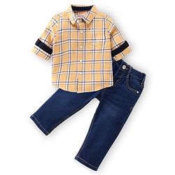 Babyhug 100% Cotton Knit Full Sleeves Shirt & Jeans Checkered - Yellow & Blue