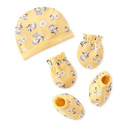 Babyhug 100% Cotton Knit Cap Mittens & Booties Set Floral Print- Yellow