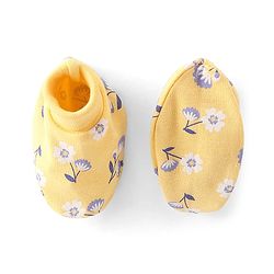Babyhug 100% Cotton Knit Cap Mittens & Booties Set Floral Print- Yellow