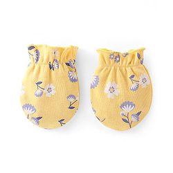 Babyhug 100% Cotton Knit Cap Mittens & Booties Set Floral Print- Yellow