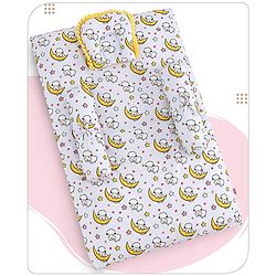 Babyhug 100% Cotton Bedding Set with Neck Pillow And Bolsters Set Sheep on Moon Print - White & Yellow