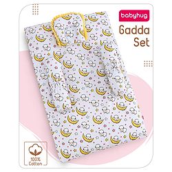 Babyhug 100% Cotton Bedding Set with Neck Pillow And Bolsters Set Sheep on Moon Print - White & Yellow
