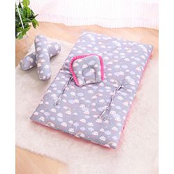 Babyhug 100% Cotton Bedding Set with Neck Pillow And Bolsters Set Sheep on Moon Print - White & Yellow