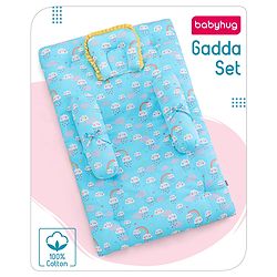 Babyhug 100% Cotton Bedding Set with Neck Pillow And Bolsters Set Cloud Rainbow Print - Blue