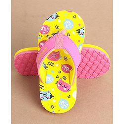 Cute Walk by Babyhug Slip On Flip Flops Kitty Print- Yellow & Pink