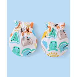 Babyhug 100% Cotton Knit Cap Mittens & Booties  Animal Print- Multicolor