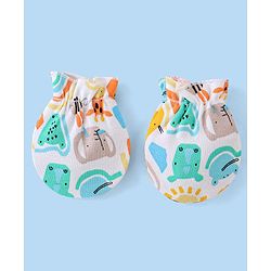 Babyhug 100% Cotton Knit Cap Mittens & Booties  Animal Print- Multicolor