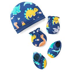 Babyhug 100% Cotton Knit Cap Mittens and Booties Dino Print - Navy Blue