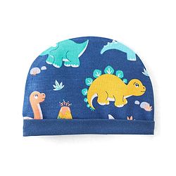 Babyhug 100% Cotton Knit Cap Mittens and Booties Dino Print - Navy Blue