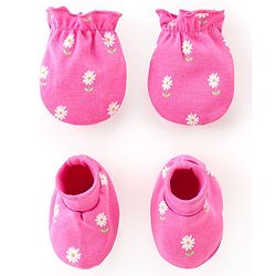 Babyhug 100% Cotton Knit Mittens & Booties Set Floral Print - Pink
