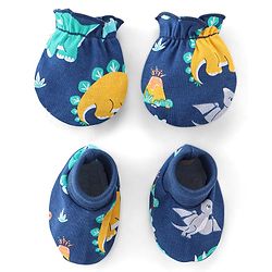 Babyhug 100% Cotton Knit Mittens and Booties Dino Print - Navy Blue