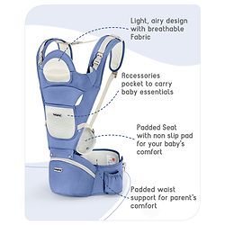 Babyhug Delight Cotton Hip Seat Cum Baby Carrier- Blue| Detachable Hipseat| Padded Shoulder Strap| Even Weight Distribution| Breathable Fabric| Gifting Option for Boys and Girls| EN Certified