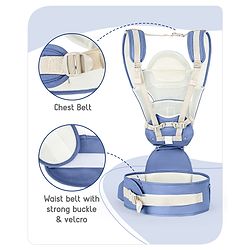 Babyhug Delight Cotton Hip Seat Cum Baby Carrier- Blue| Detachable Hipseat| Padded Shoulder Strap| Even Weight Distribution| Breathable Fabric| Gifting Option for Boys and Girls| EN Certified