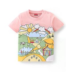 Babyhug 100% Cotton Knit Half Sleeves T-Shirt Tent Graphics - Peach