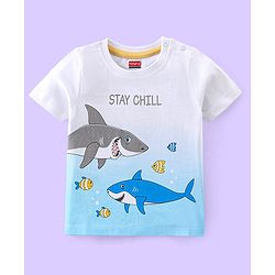 Babyhug 100% Cotton Knit Half Sleeves T-Shirt Marine Life Graphics - White & Blue