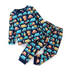 Babyhug Cotton Knit Full Sleeves Cars Printed Night Suit - Navy Blue