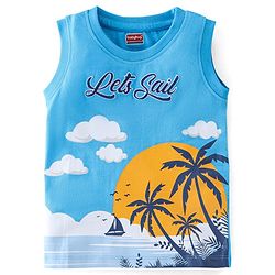 Babyhug Cotton Knit Sleeveless T-Shirt with Text Graphics Print - Blue