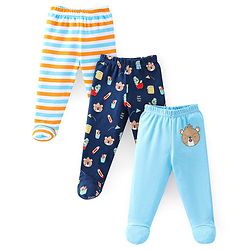 Babyhug Cotton Footed Bootie Leggings Striped & Bear Print Pack of 3 - Blue & Orange