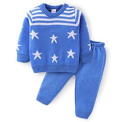Babyhug Knitted Full Sleeves Sweater Set With Star Design - Navy Blue