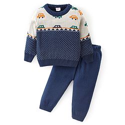 Babyhug Knitted Full Sleeves Sweater Set With Car Design - Navy Blue