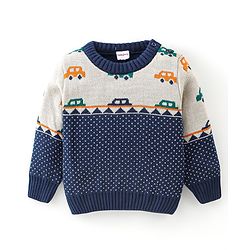 Babyhug Knitted Full Sleeves Sweater Set With Car Design - Navy Blue