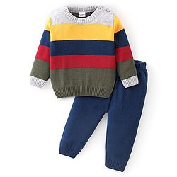 Babyhug Knitted Full Sleeves Sweater Set With Striped - Navy Blue & Grey