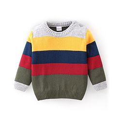 Babyhug Knitted Full Sleeves Sweater Set With Striped - Navy Blue & Grey