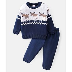Babyhug Knitted Full Sleeves Reindeer Design Sweater Set -Multicolour