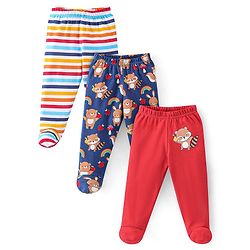 Babyhug Cotton Footed Bootie Leggings Striped & Bear Print Pack of 3 - Blue & Red