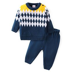 Babyhug Knitted Full Sleeves Sweater Set With Kite Design - Navy Blue & Yellow