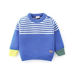 Babyhug Knitted Full Sleeves Striped Design Sweater Set - Blue