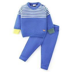 Babyhug Knitted Full Sleeves Striped Design Sweater Set - Blue