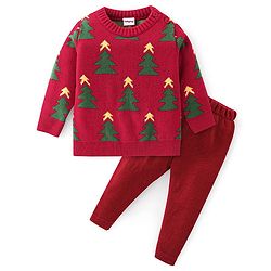 Babyhug Full Sleeves Baby Sweater Set Christmas Theme - Red