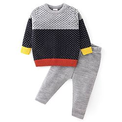 Babyhug Knitted Full Sleeves Sweater Set With Geometric  Design - Navy Blue & Grey