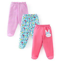 Babyhug Cotton Knit Footed Bootie Leggings Striped Pack of 3 - Blue & Pink