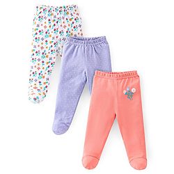 Babyhug Cotton Footed Bootie Leggings Striped & Floral Print Pack of 3 - White Purple & Pink