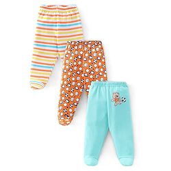 Babyhug Cotton Knit Footed Bootie Leggings Bear Printed Pack of 3  - Blue & Yellow