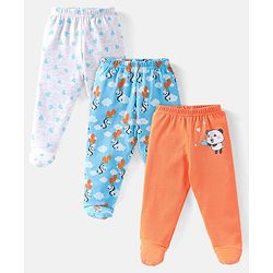 Babyhug Cotton Footed Bootie Leggings Striped & Panda Print Pack of 3 - White Blue & Orange