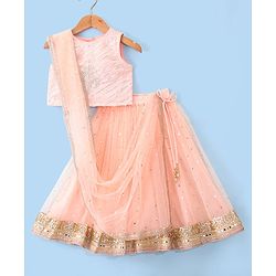 Babyhug Woven Sleeveless Choli and Sequined Lehenga with Dupatta - Peach