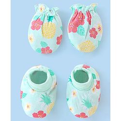 Babyhug 100% Cotton Knit Floral Printed Mittens & Booties - Blue