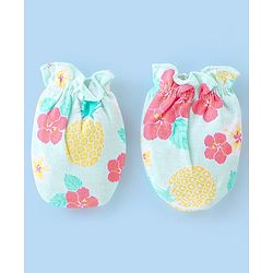 Babyhug 100% Cotton Knit Floral Printed Mittens & Booties - Blue