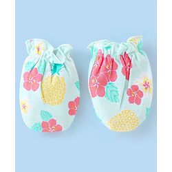 Babyhug 100% Cotton Knit Floral Printed Mittens & Booties - Blue