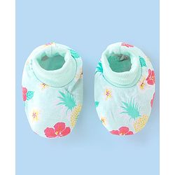 Babyhug 100% Cotton Knit Floral Printed Mittens & Booties - Blue