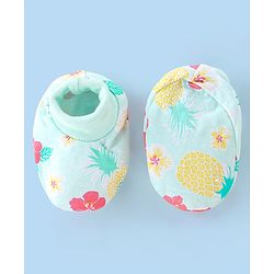 Babyhug 100% Cotton Knit Floral Printed Mittens & Booties - Blue
