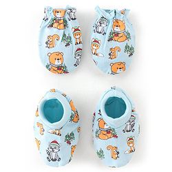 Babyhug 100% Cotton Knit Bear Printed Mittens & Booties - Blue